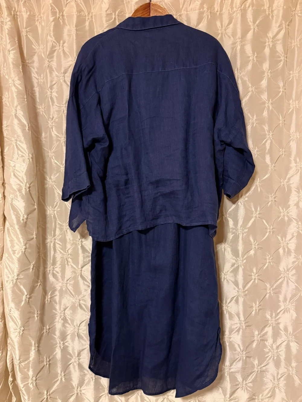 CP SHADES Navy Blue Linen Button Front 2-Piece Midi Shirtdress Dress Top Set